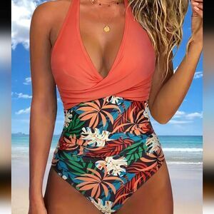 Tropical Print Halter V Neck Swimsuit W/Tummy Control Tangerine Red Size L NWT